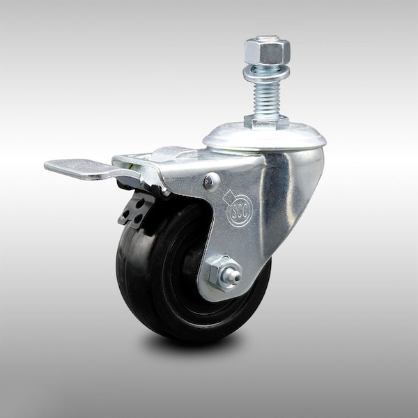 3 Inch SS Hard Rubber Swivel 12mm Threaded Stem Caster with Total Lock Brake